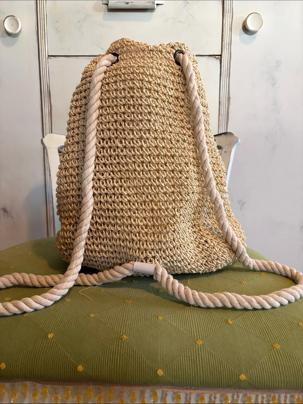 En Crème Double Agent Neutral Woven Rope Drawstring Bucket Bag Nap Sack